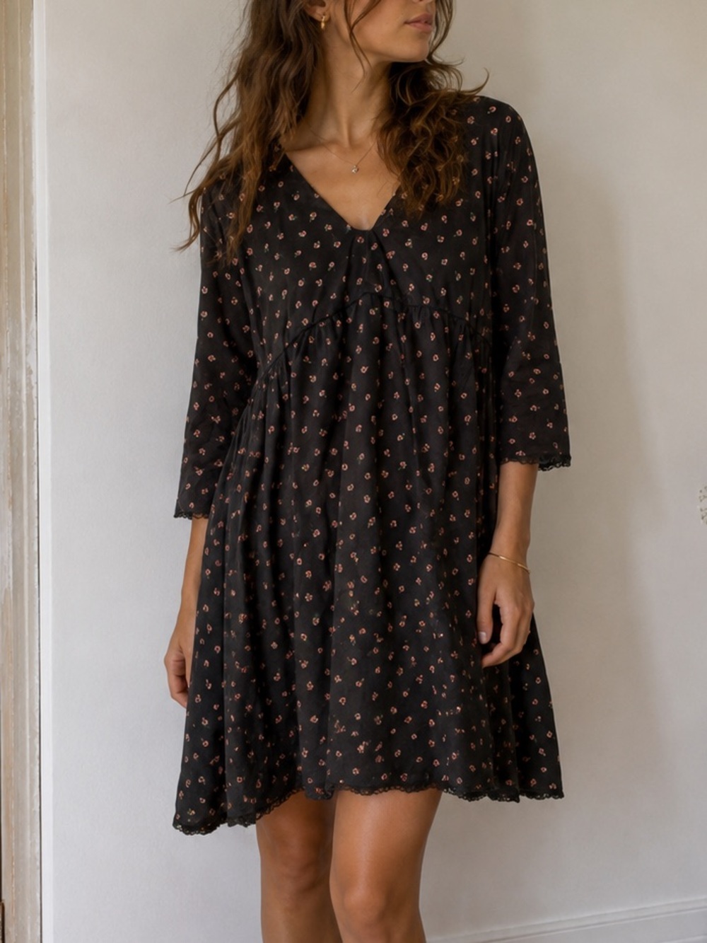 Thierry Colson Black Floral Cotton Babydoll Dress Large Cottage Prairie Indie